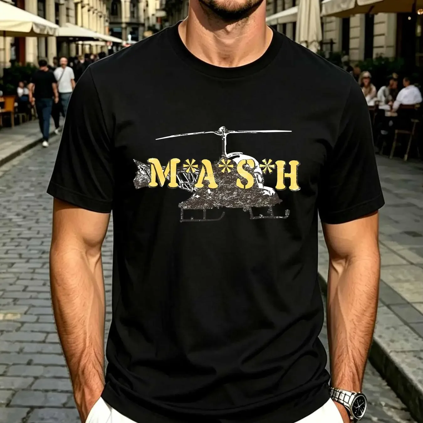 washed T Shirt Mash Chopper Mens 4077 Helicopter Licensed Classic TV Show Sand vintage Washed Stretched Versatile fashion