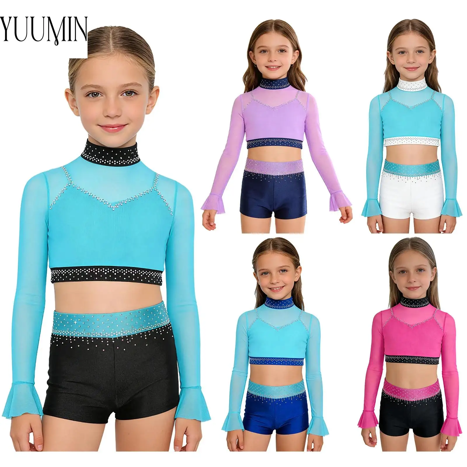 

Детский гимнастический костюм для девочек: танцевальный/фигурный катание, с длинными расклешенными рукавами, стразами, сетчатый укороченный топ со встроенным топом-майкой