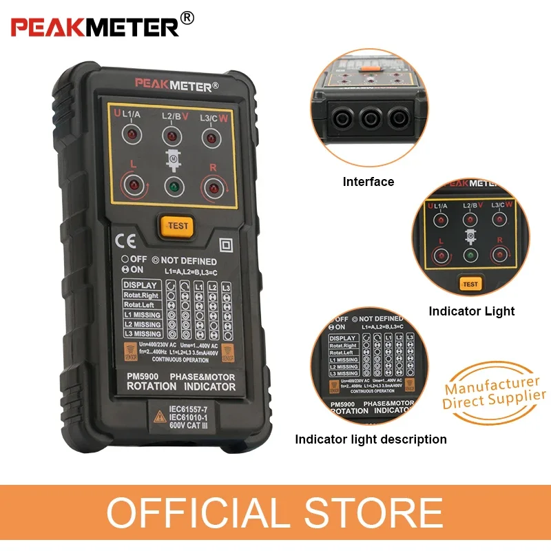 PEAKMETER PM5900 Three phase Alternating Current Phase sequencer Motor Rotation Indicatior Phase detector