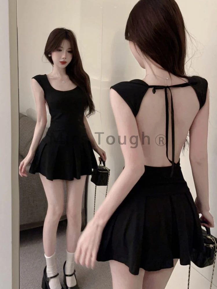 Pure Desire Sweet Sleeveless Halter Dress Female Summer Solid Round Buttock Clothing Women Beautiful Sexy Pleated Black Dress