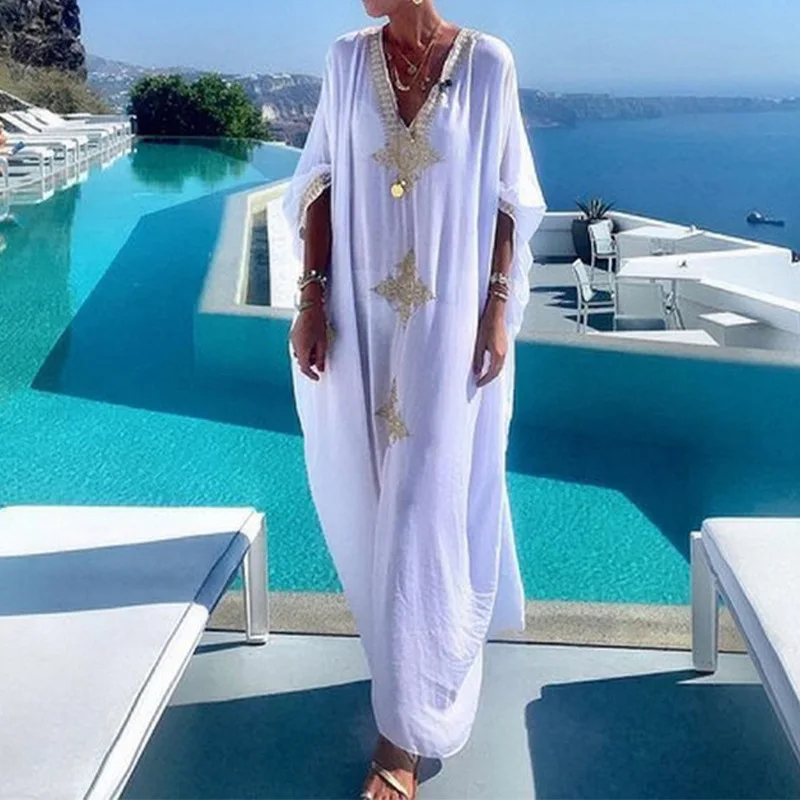 Women's Dress Summer Boho Cotton Gold Embroidered Vacation Comfortable Loose Beach Hood Dresses For Women Robe Femal Vestidos