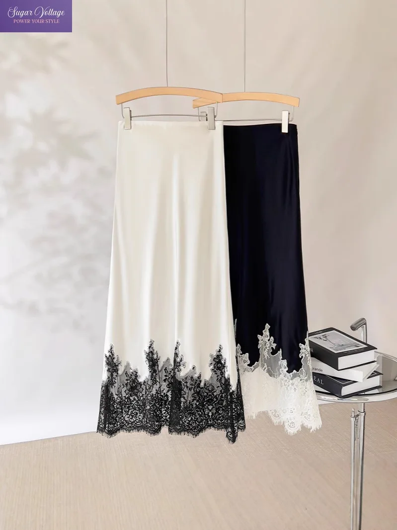 

Elegant Luxury Summer High Waist Lace Trim Satin Midi Skirt Women Slim Fit Bodycon Wrapped Hip Office Party Casual Daily Wear