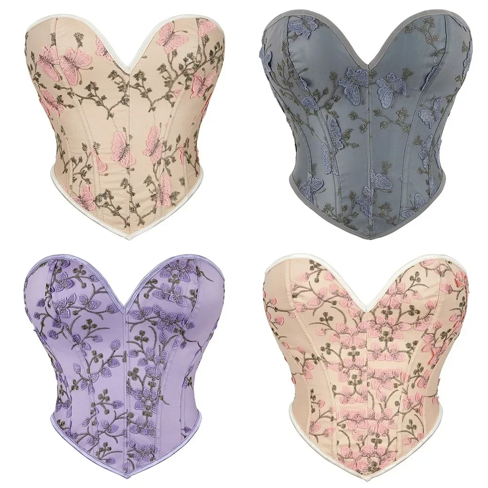 

Women Flowers Butterfly Embroidery Corsets Simple Elegant Lace-Up Bustier Slim Corset Top Sexy Off Shoulder Overbust Corselet