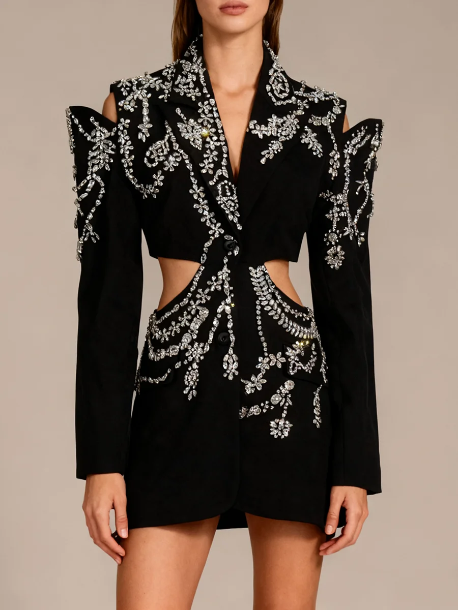 سترة VGH الراقية للولائم مقسمة بالألماس للنساء مع طية صدر السترة وأكمام طويلة سترة مفرغة مصممة معطف متوسط الطول للسيدات