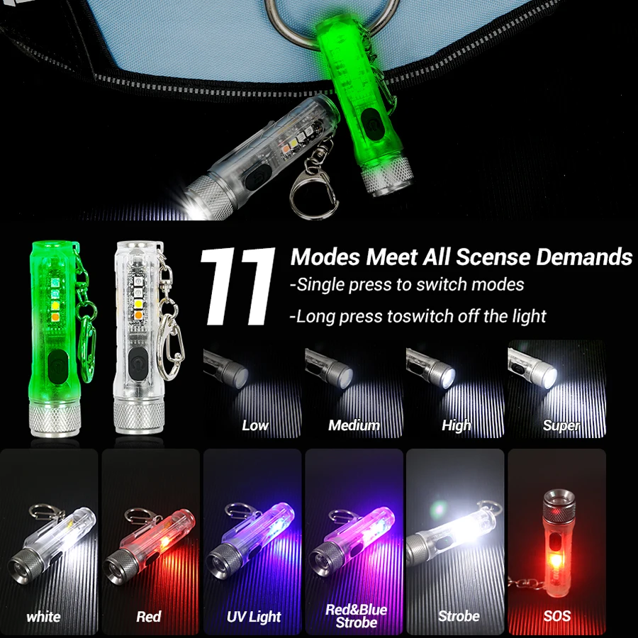 400LM Keychain LED Flashlight EDC Rechargeable Torch Waterproof Fluorescent Work Light Camping Pocket Torch Red and Blue Light