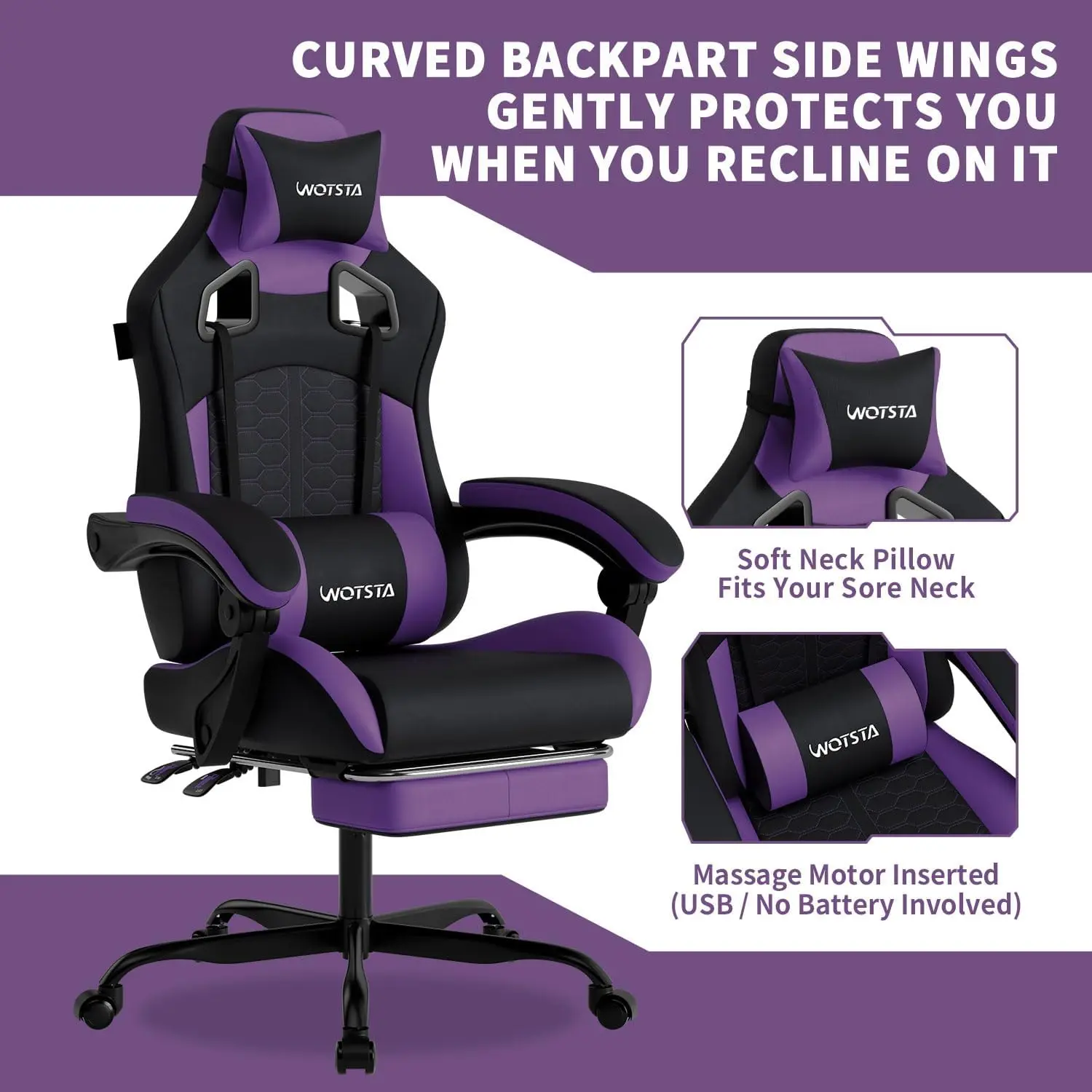 Gaming Chair with Massage,Ergonomic PC Gaming Chair with Footrest Comfortable Headrest and Lumbar Support,High Back Game Chair PVC Leather,300LBS (BlackPurple) view 4