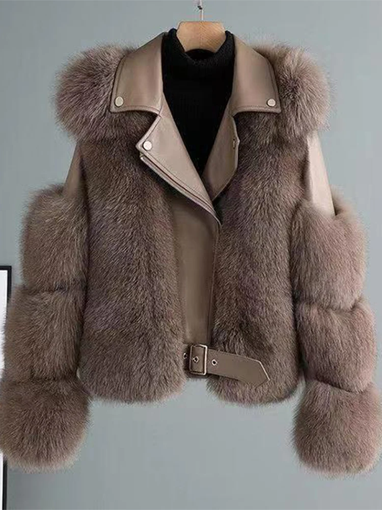 Chaqueta de cuero de lujo para mujer, abrigo mullido de manga larga de retales a la moda, prendas de vestir exteriores elegantes y gruesas para mujer XQ124