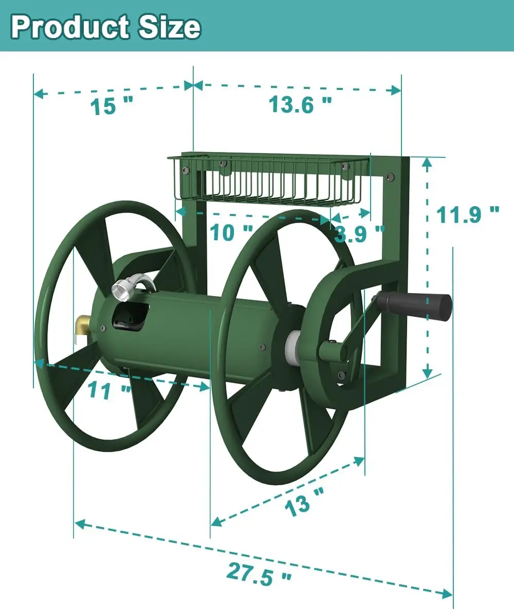 Garden Wall Mounted Hose Reel, Outdoor Heavy-Duty Water Hose Holder Winder, Holds 125 Feet of 5/8-Inch Hose, with 3.9 ft