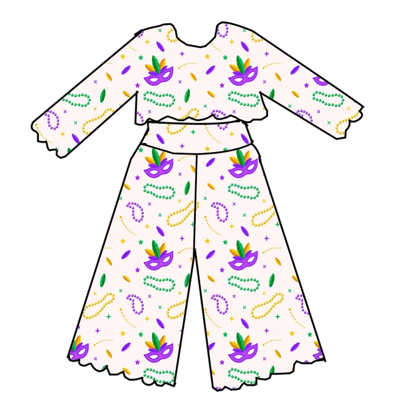 Mardi Gras Boutique Children's Suit Long Sleeve Lace Beads Carnival Print Pants Lace Girls Suit Children's Clothing