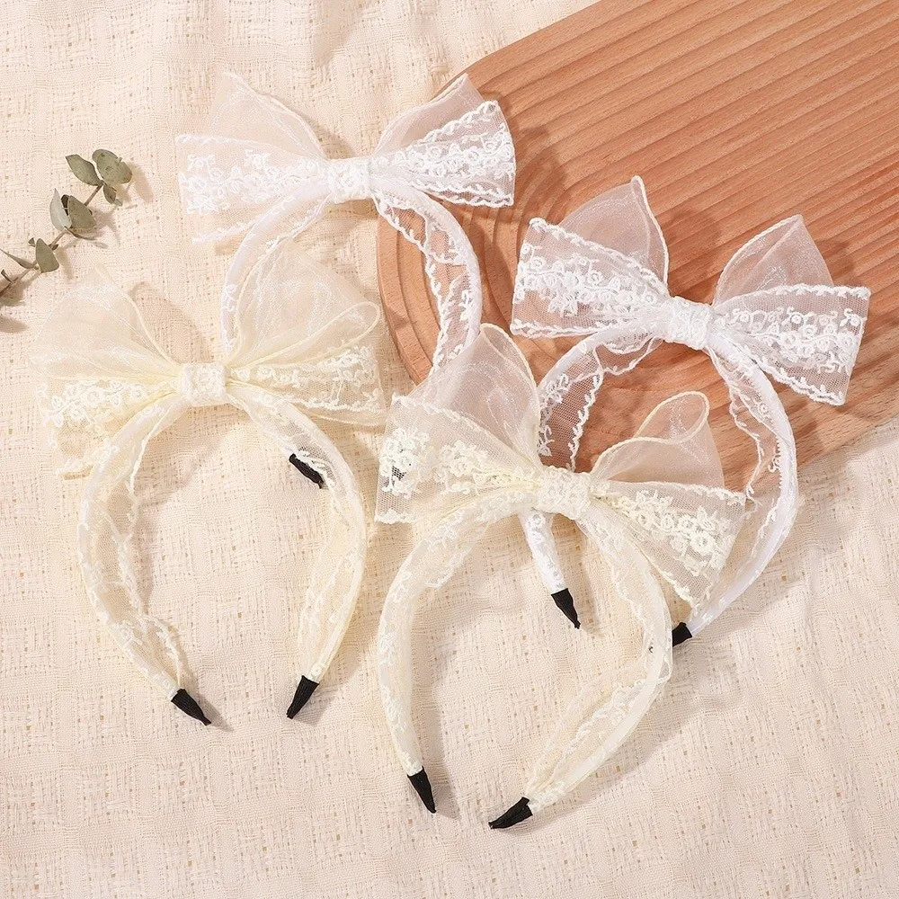 Elegant Lace Bow Hairbands Flower Embroidery Non-Slip Princess Headband Lightweight Double Layered Hair Hoop