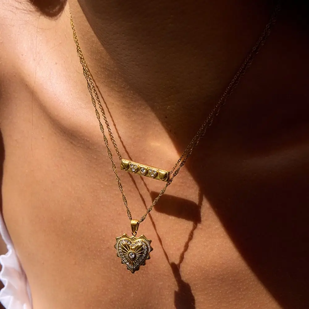 الحلو سحر حجر الراين مضلع الحب قلادة اليدوية التيتانيوم الصلب مزدوجة مكدسة سلسلة عنق قابل للتعديل بسيط