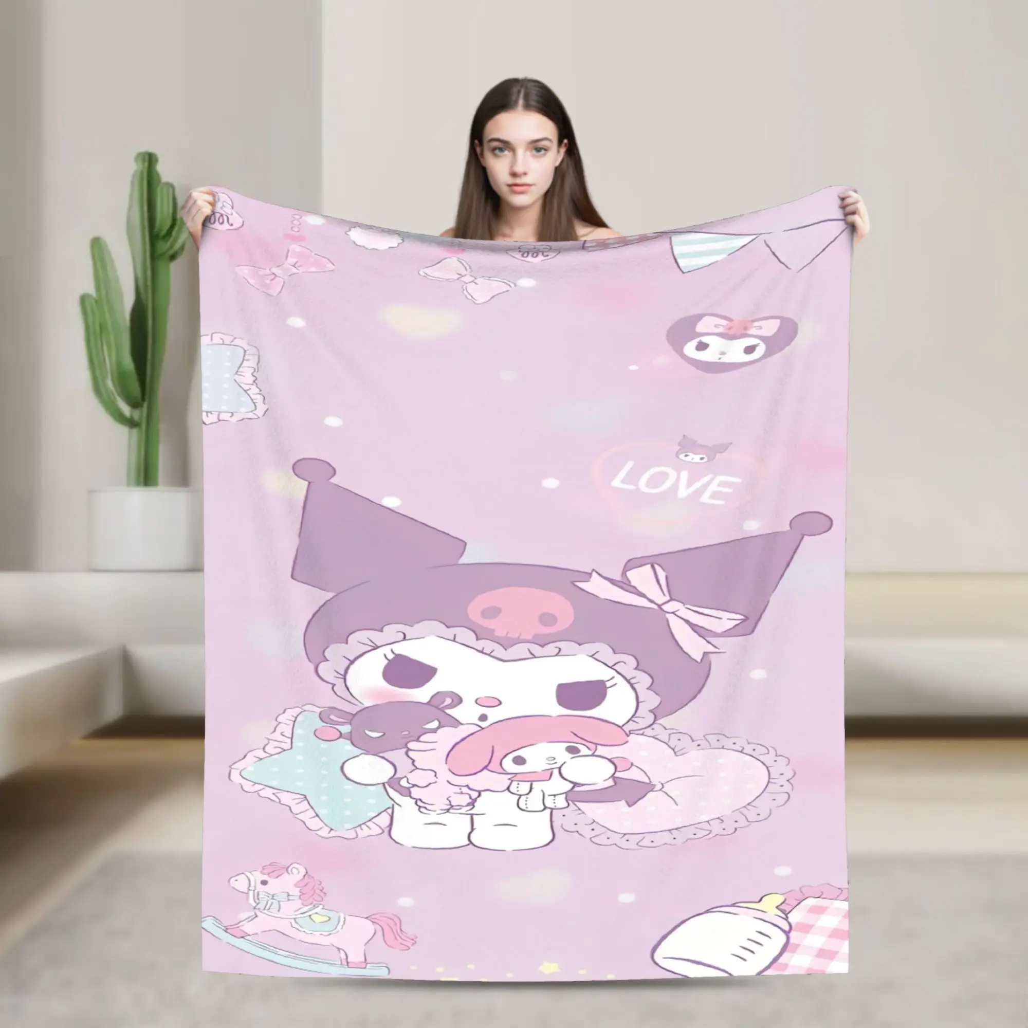 Kuromi Baku بلدي ميلودي بطانيات محبوكة الصوف الكرتون خفيفة الوزن رقيقة رمي البطانيات للسفر في الهواء الطلق غرفة نوم لحاف