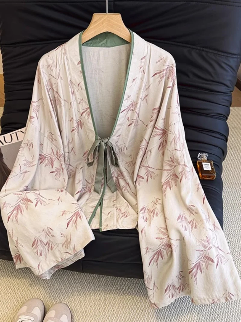 

Daily Chinese Style Linen Printed Hanfu Shirt For Women Autumn Flying Sleeve Top Cotton And Linen Cardigan Lace Up Jacket W524