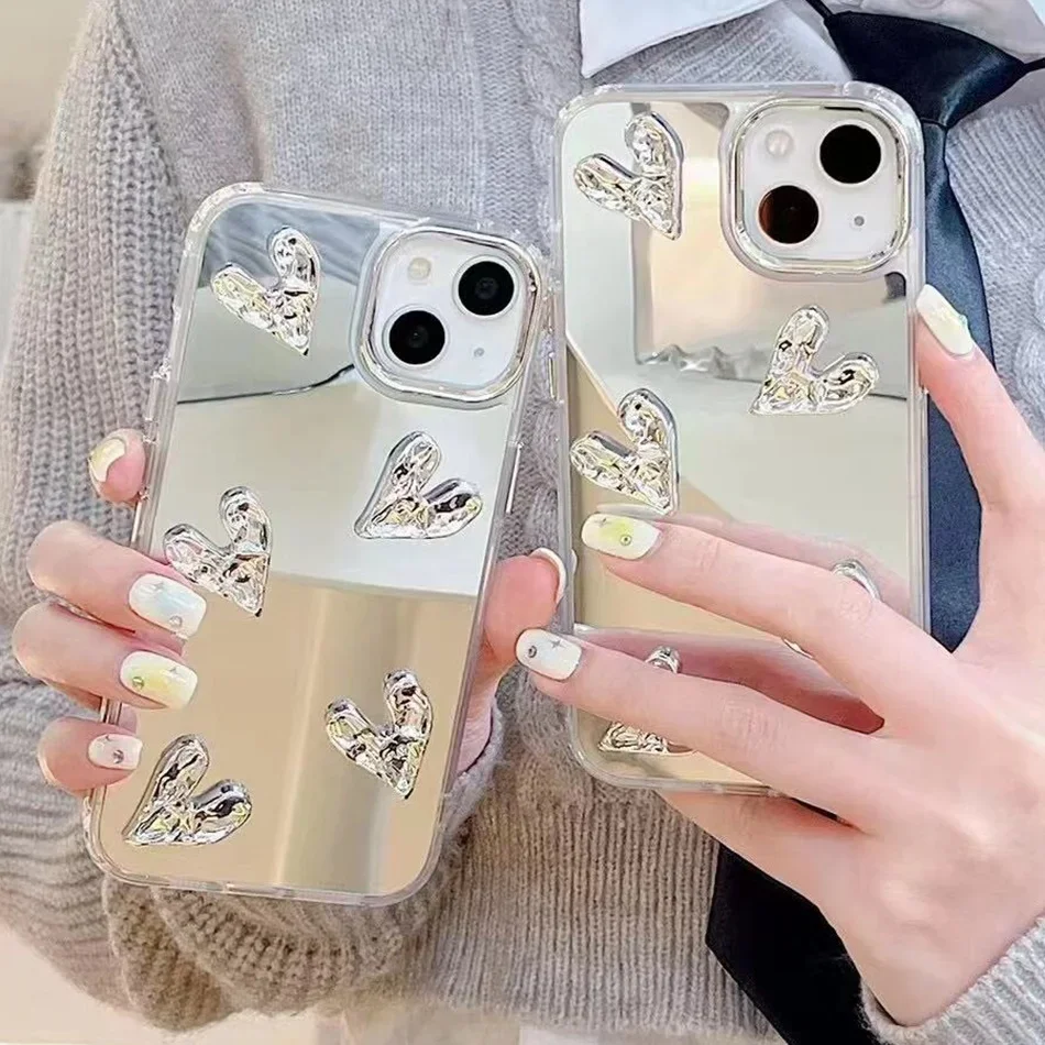 Shining Mirror 3D Heart Case for iPhone 11 12 13 14 15 Pro Max 7 8 Plus SE 2020 15Pro X XR XS MAX Hard Shockproof Phone Cover