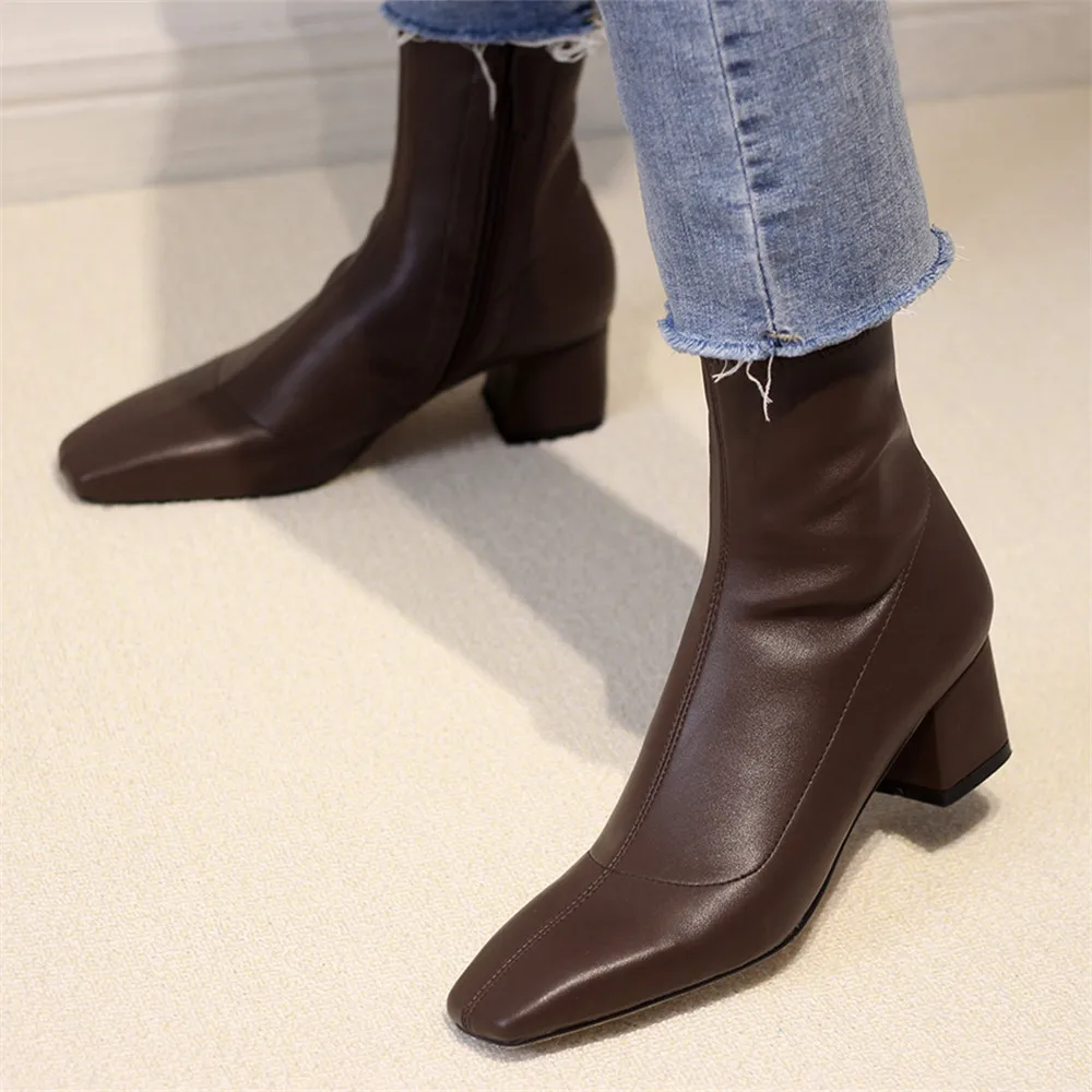 Fashion High Heels Dress Shoes Square Toe Bare Boots Black Booties Thick Heeled Yarn Elastic Ankle Boots Ladies Shoes Botas