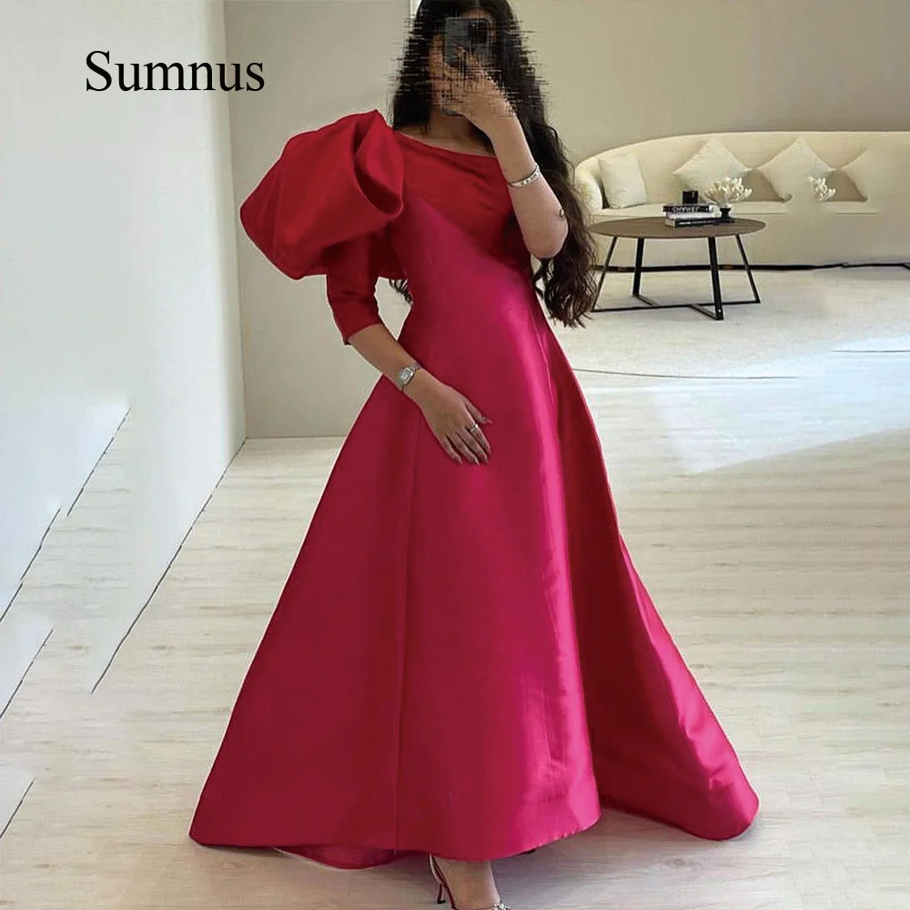 

Sumnus Red One Sleeve A Line Evening Dresses Robe de Soiree Satin Saudi Arabic Evening Party Gowns With Train Vestido de Fiesta