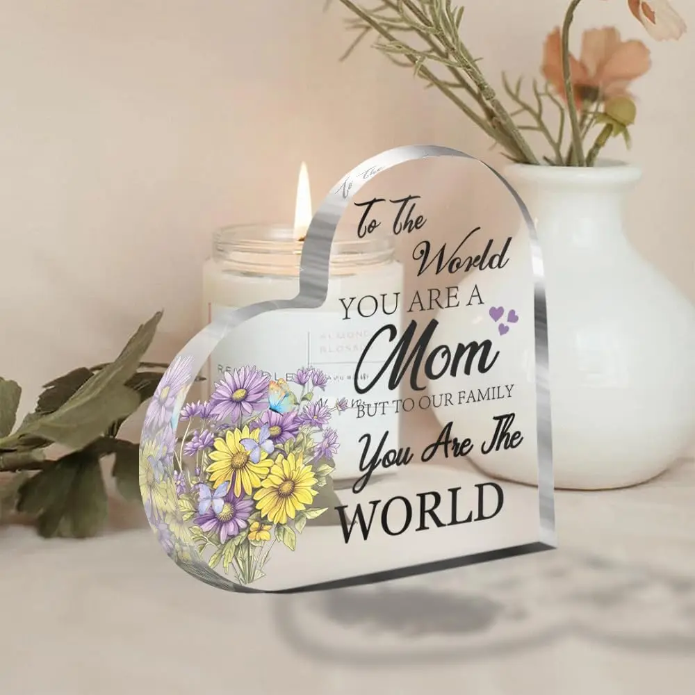 Heart‑Shaped Acrylic Plaque To The World You Are A Mom Purple Yellow Daisies Butterfly Freestanding Sentimental Mom Keepsake Gift