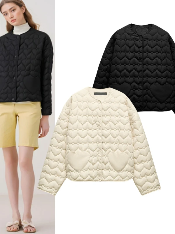 

Lightweight Warm Cotton Jaet Women's round Ne Long Sve Heart Patterned Autumn Winter New Sle Faionable Commute Wear