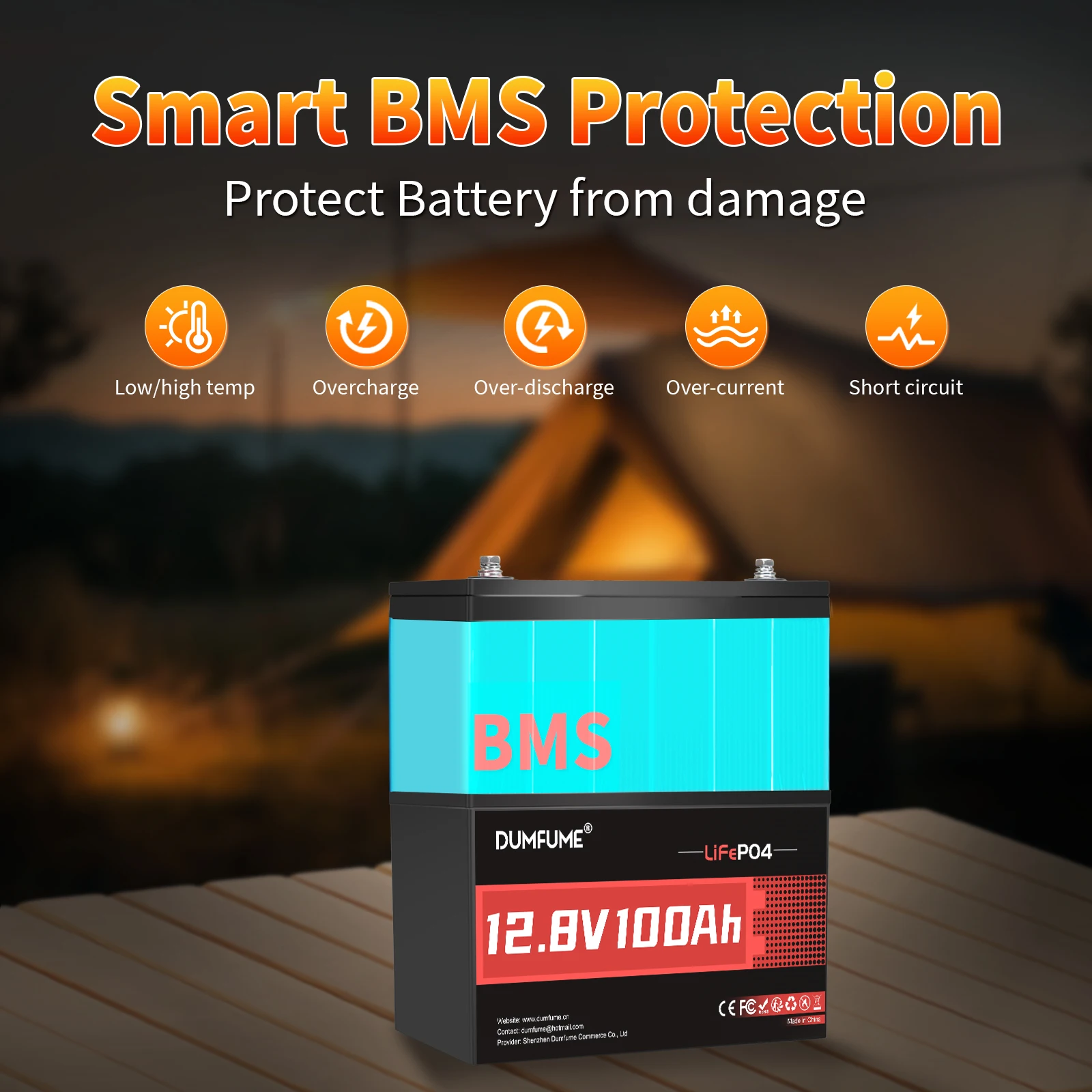 Dumfume 12V 100Ah Lifepo4 Lithium Battery 100A BMS 12V 600Ah/12V 314Ah/24V 100Ah/36V 100Ah Battery Solar RV 1 Year Warranty