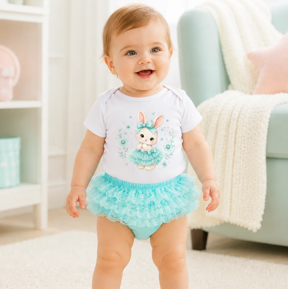 Ensemble d'été 2 pièces pour bébé fille : Body à manches courtes imprimé floral et lapin mignon + Jupe tutu en dentelle menthe – Tenue de princesse nouveau-né pour fête d'anniversaire