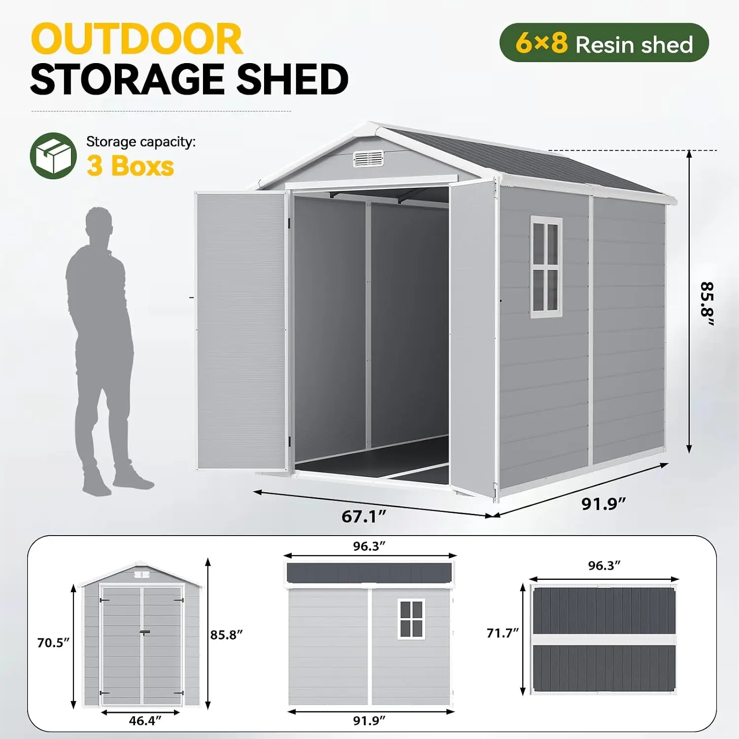 Resin Outdoor Storage Shed, 6x8 FT Outdoor Shed with Floor, Gray | All-Weather Plastic Garden Tool Shed with, Customized