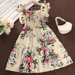 Summer Girl's Long Skirt Polyester Square Collar Suspender Sleeveless Lace Play Smocking A-line Print Dress Pleated Comfortable