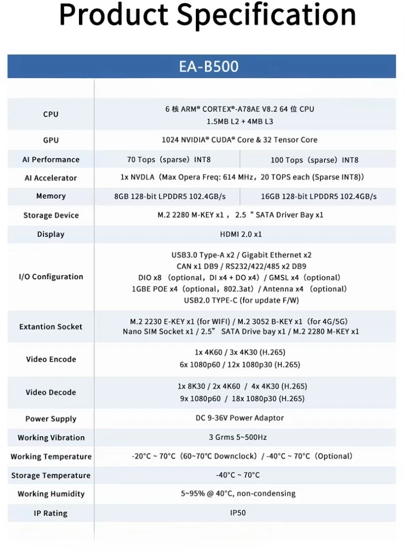 16G NV EA-B500 كمبيوتر صناعي بدون مروحة 100 TOPS خادم الأسهم لمعالجة الصور الذكاء الاصطناعي الكمبيوتر المدمج