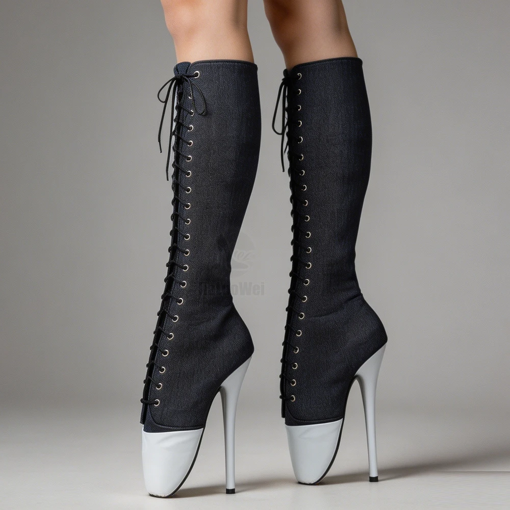 7 Inch High Heel Denim Knee High Ballet Boots New Style Unisex Size36-46 view 6