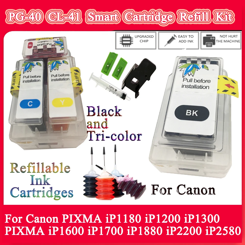 PG-40 CL-41 Per Canon Kit Cartuccia Riutilizzabile Intelligente PG140 141 740 741 640 con Strumento di Clip per Canon PIXMA iP1180 iP1200 iP1300