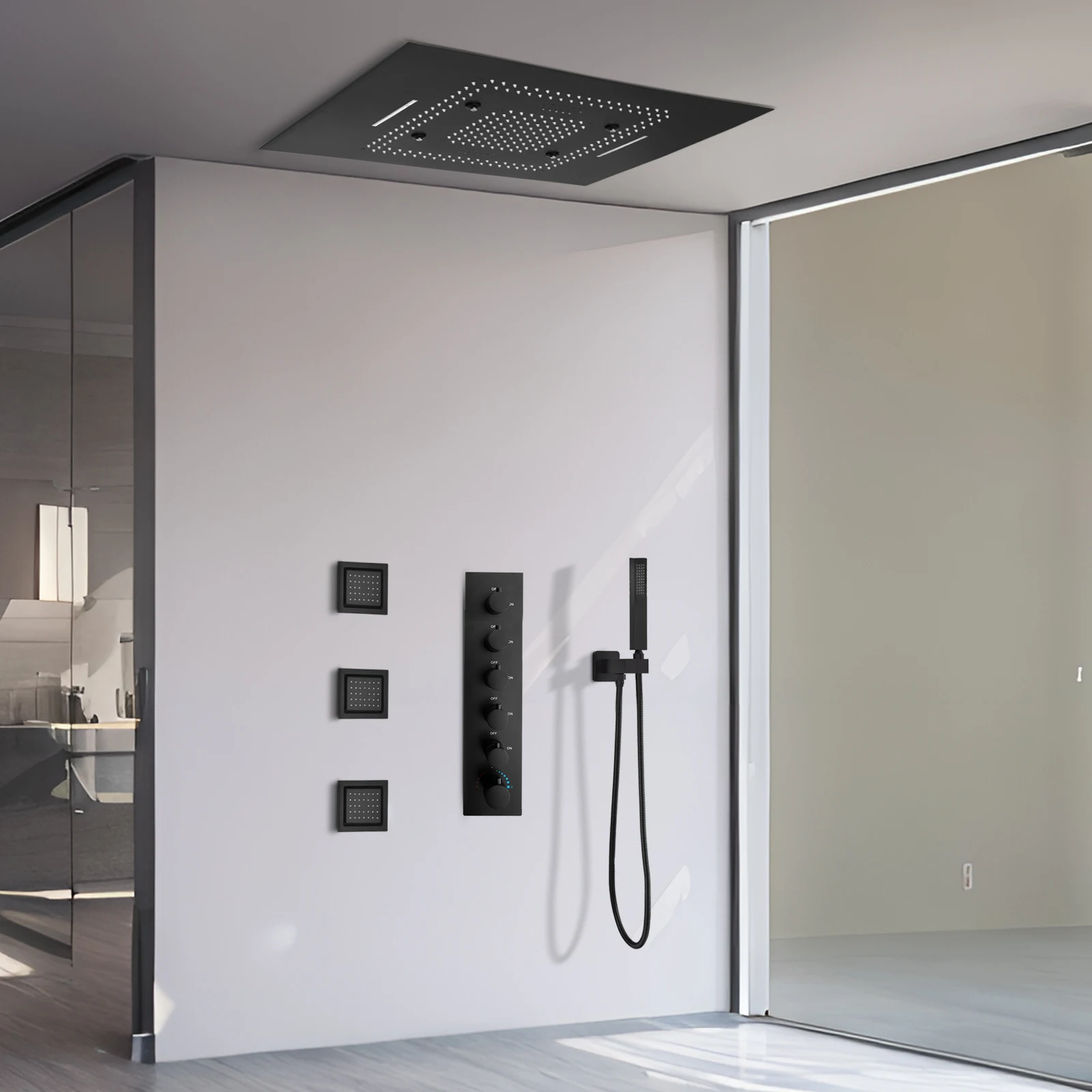 Ceiling Mounted Bathroom Shower Set with 4 Inch Body Jet 60x80cm LED Music Shower Head Black Thermostatic Shower Faucet