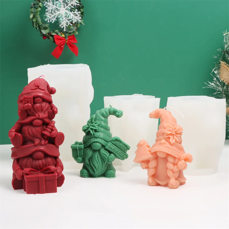 Christmas Gnome Silicone Candle Mold, Faceless Dwarf Elf With Gift Box Christmas Tree Figure Mold DIY Candle Soap Resin Plaster