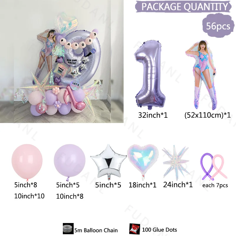 56pcs/set Taylor Theme Column Set Purple Number Foil Balloon Girl Colorful Birthday Adult Child Birthday Party Deco Helium Globo