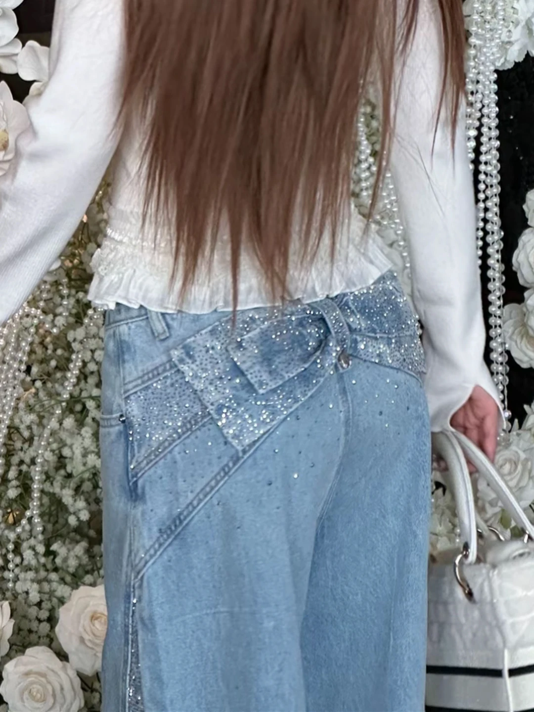 

Shiny Heavy Duty Rhinestone Knot Wide Leg Jeans Women's Spring 2026 New American Loose Straight Cut Denim Pants
