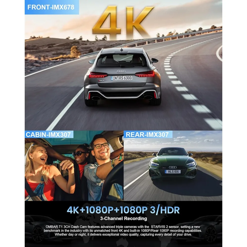 كاميرا OMBAR T1 4K ذات 3 قنوات، أجهزة استشعار STARVIS 2 IMX678، بطاقة 128 جيجابايت مجانية، رؤية ليلية HDR كاملة الألوان جديدة 2025، 4K+1080P+1080P