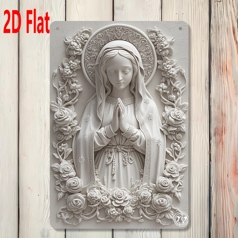 2D Flat, Virgin Mary Prayer Statue with Floral Decor - Rustic Catholic Wall Plaque, Iron Religious Icon 7.87x11.81inch Suitable