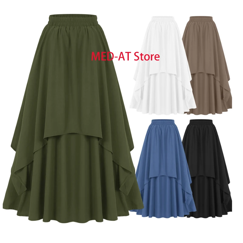 Women Steampunk Victorian Renaissance Elastic Waist Double Layers Ruffle Skirt Pirate Medieval High Low Cletic Cosplay Skirts