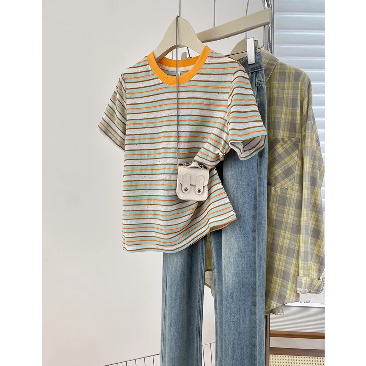 Millennial Style Dopaamine Color Block round Neck Striped T-Shirt Women Summer New Loose Fit Cotton Short Sleeve Casual Wear