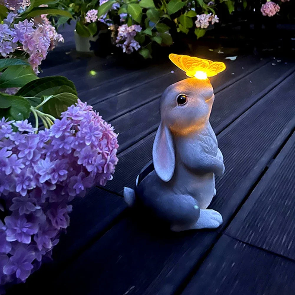 Solar Bunny Statue Decor with Butterfly Resin Animal Sculpture Solar LED Lights Figurine Outdoor Deco for Garden Courtyard