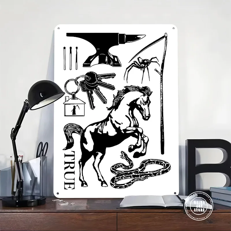 Black and White Collage of Objects Personalized 3D Textured Metal Poster Wall Art Tinplate Sign for Living Room Decoration Man