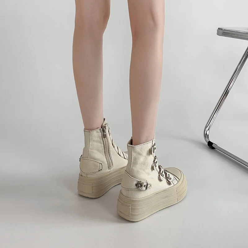 Retro Fashion Buckle Design Thick Soled Casual Canvas Short Boots for Women  Comfortable Non Slip Chunky Ankle Boots