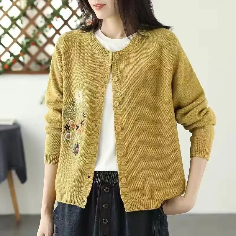 Autumn Winter Vintage Embroidery Cardigan Sweater Female Loose Casual Fashion All-match Buttons Knitting Coat Women Outwear Top