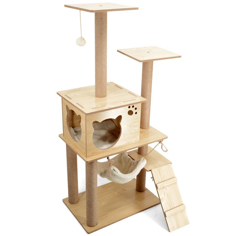 Secure large size pet luxury modern condo scratcher indoor cat climbing tree sisal post toy cat play tower wood frame furniture