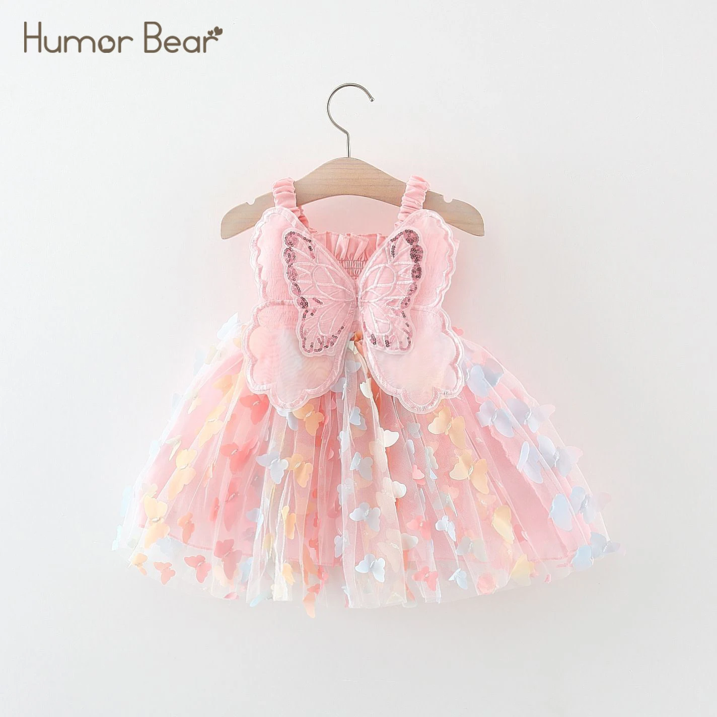 

Humor Bear Dreamlike Pink Butterfly Wings Party Dress Double Tulle Princess Dress Toddler Girl Clothes 0-24M