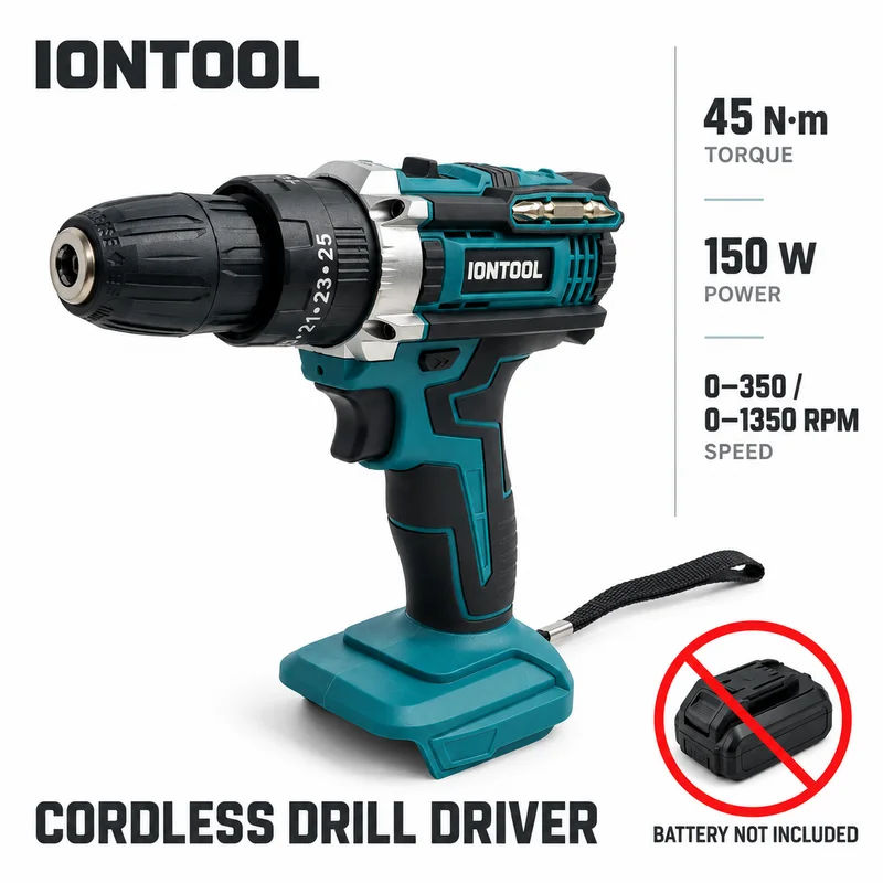 IONTOOL Handheld Cordless Drill Driver 2 Speed Power Tool for Wood Metal Drilling Home DIY and Equipment Installation