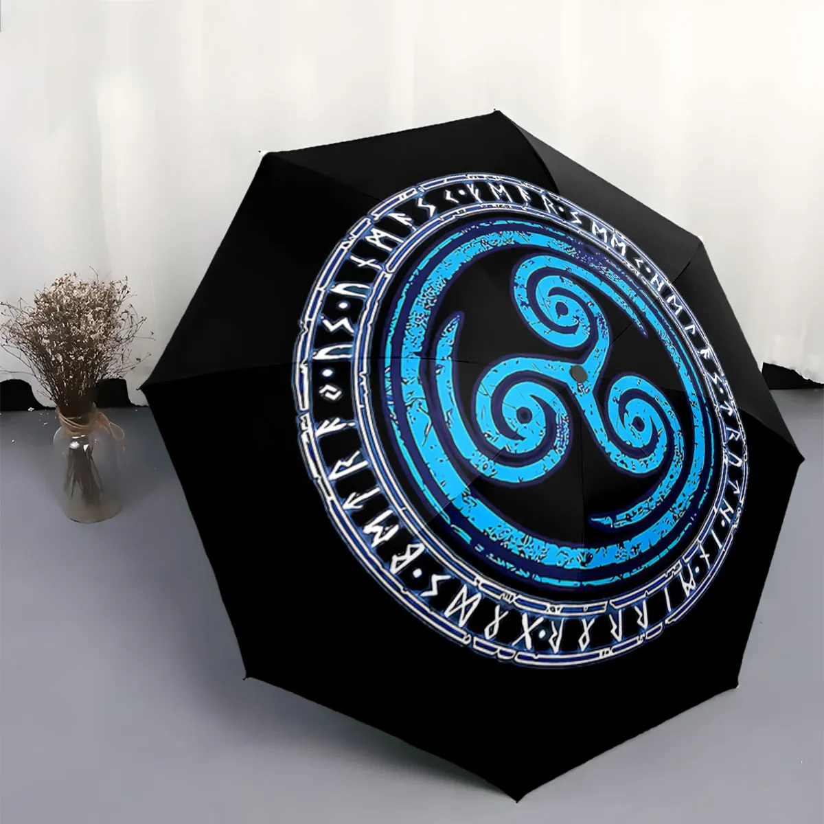 Mystic Blue Spiral Symbol on Black Umbrella Surface portable waterproof sun rain umbrella for outdoor travel beach