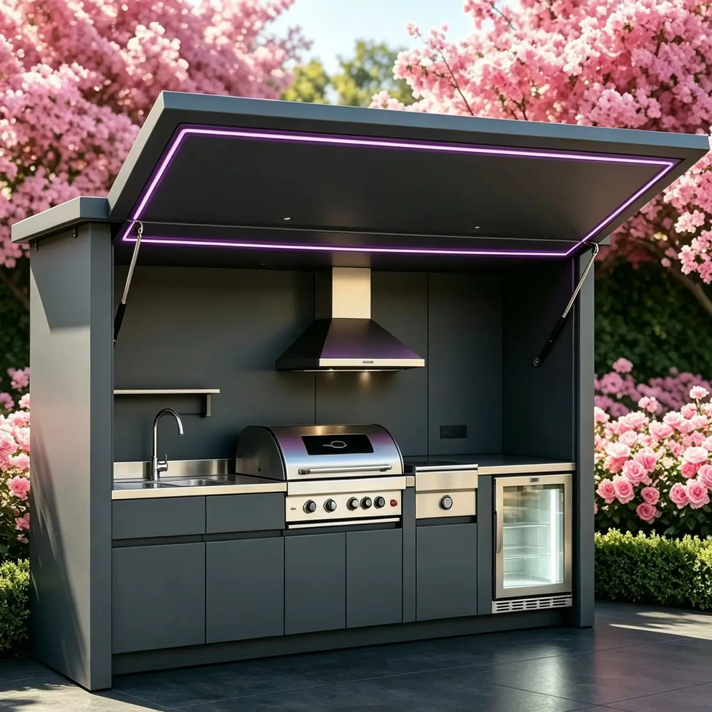 Premium Outdoor Kitchen | Aluminum Frame Resists Snow, Rain & Wind, Equipped with Complete Cookware & Motorized Door