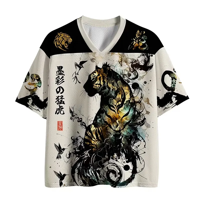 Ink-Wash Tiger Stripe Jersey — Artistic Print, V-neck Short-sleeve T-shirt; A T-shirt Featuring Street-style Oriental Motifs.