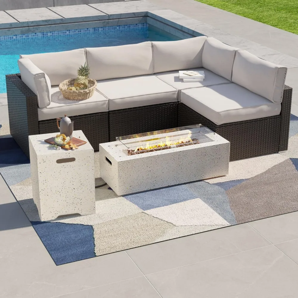 

Outdoor Sectional 5-Piece Wicker Patio Furniture Set Sofa Conversation Set w 50,000 BTU Rectangle Fire Pit Coffee Table Wind Gu