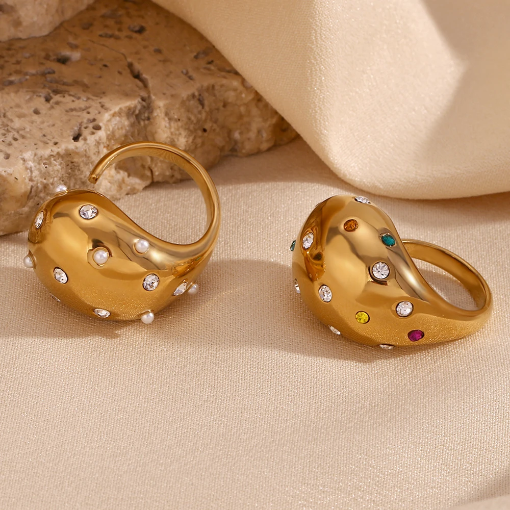 Rhinestone Opening Water Drop Ring Waterproof 18K Gold Plated Accessories Colorful 316L Stainless Steel Rings for Women