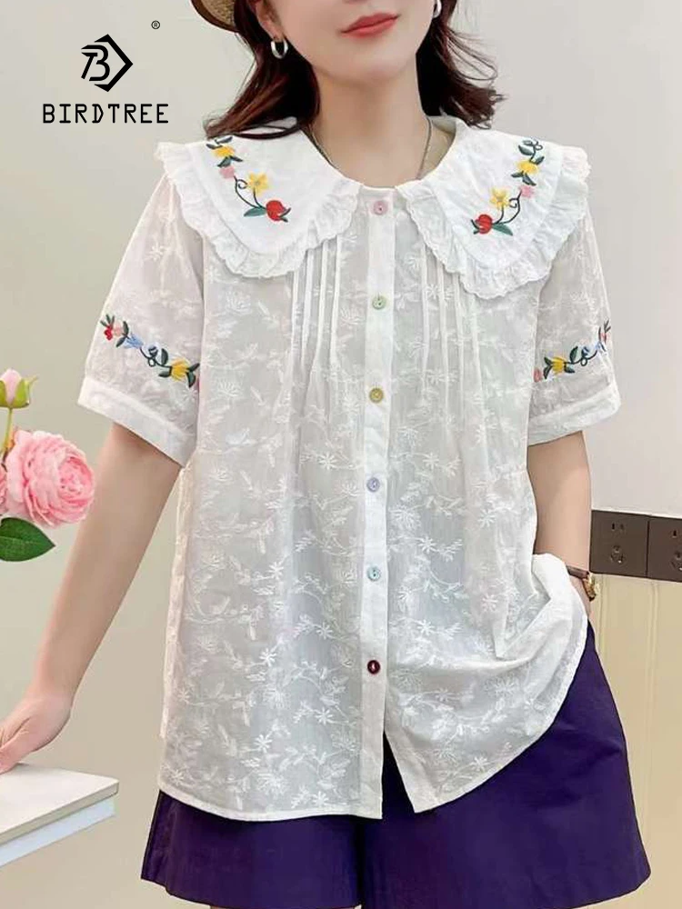 

New Spring Cotton Embroidery Fashion Shirt Women Lapel Short Sleeve Folds Top Girl Loose Commute Blouses 2024 Autumn T44752QC